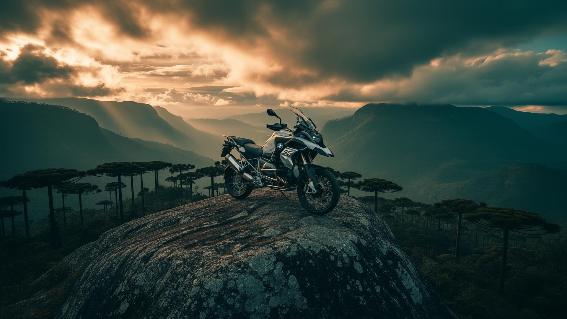 BMW GS no topo da serra do Paraná ao entardecer